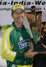 Ricky Ponting holds the DLF Cup after Australia comprehensively beat West Indies by 127 runs at Kuala Lumpur © AFP