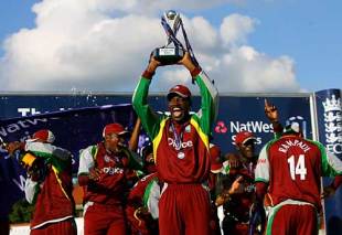 Chris Gayle leads the celebrations after West Indies beat England at Trent Bridge to claim the Natwest Series © Getty Images
